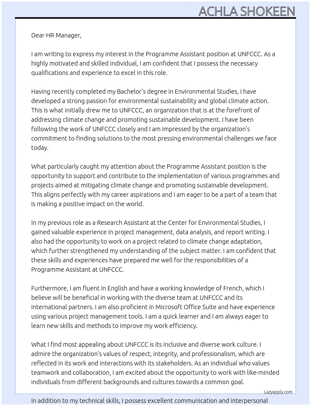Programme. Assistant At UNFCCC Cover Letter