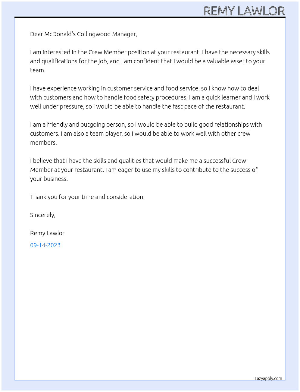 Crew Member At Mcdonald's Cover Letter