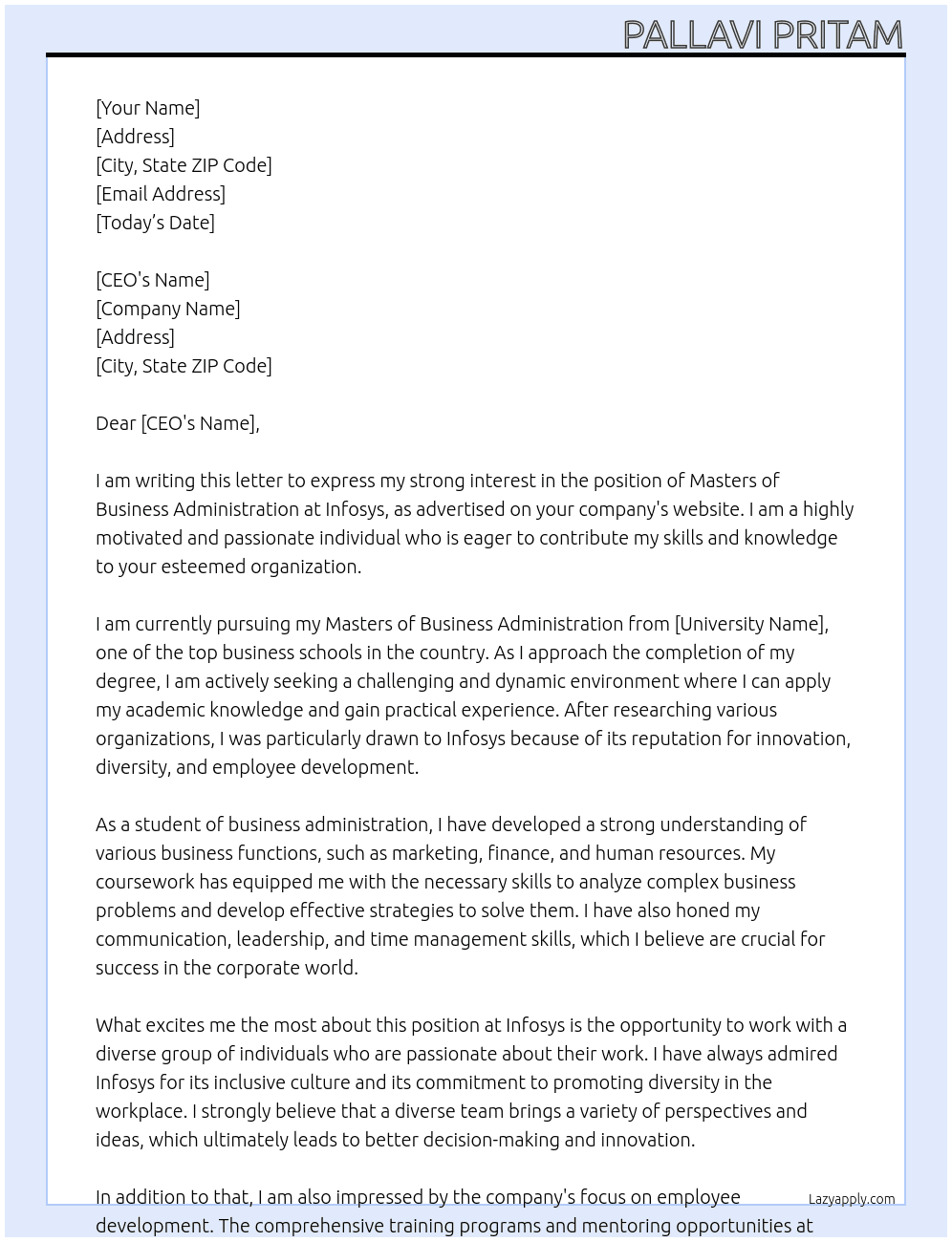 Cover letter for pursuing masters of business administration - LazyApply