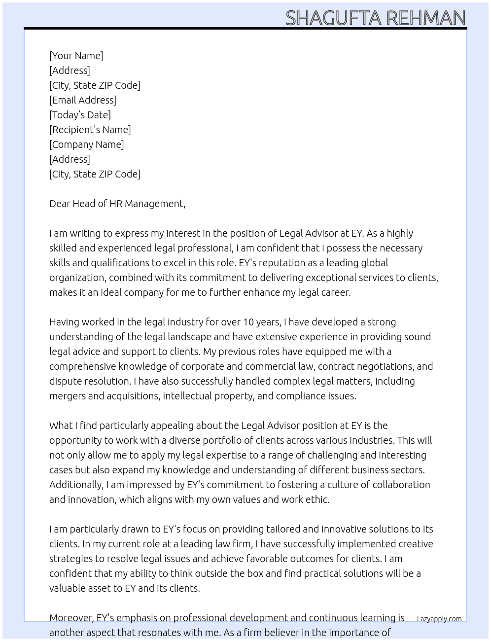 LEGAL ADVISOR At EY Cover Letter