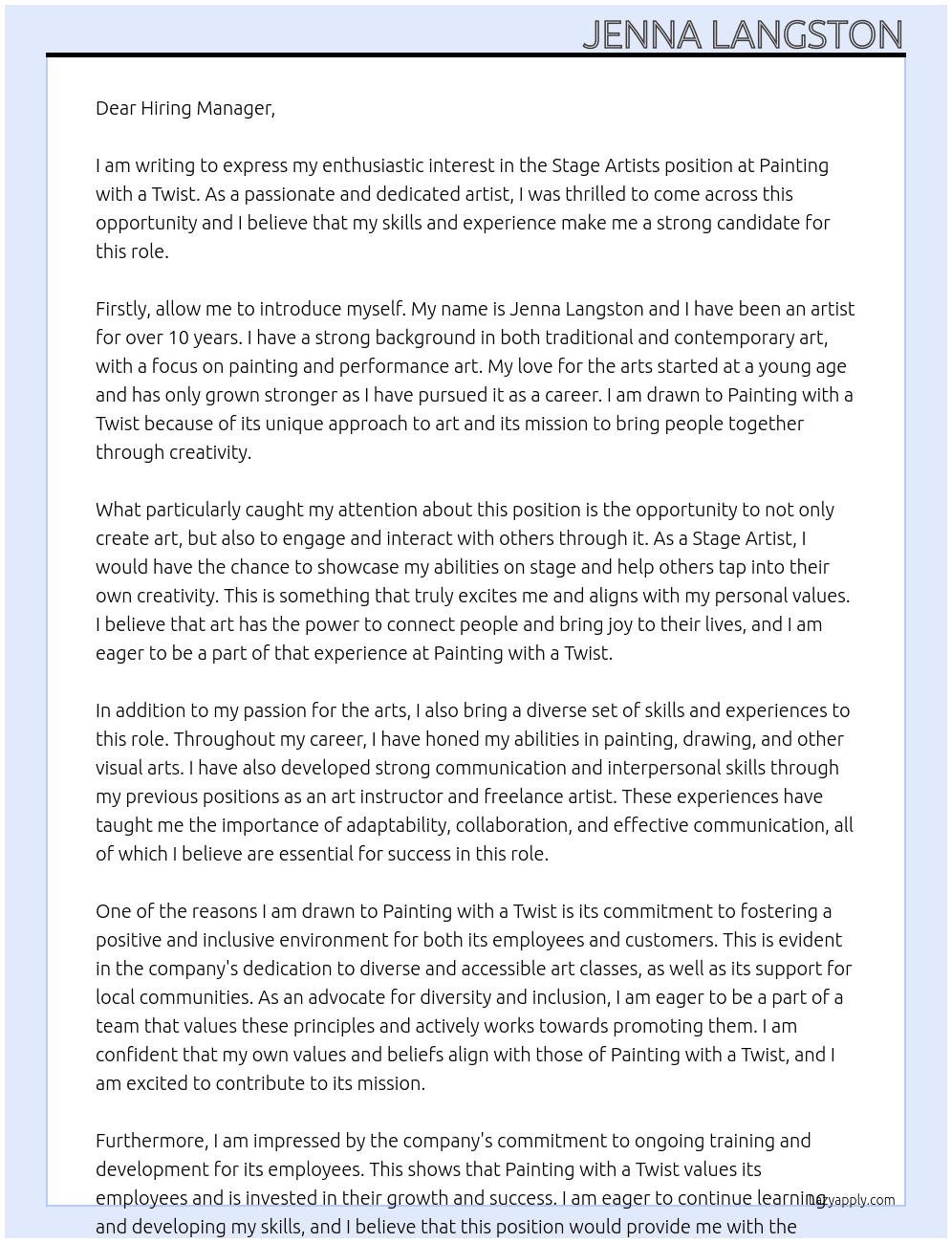 Stage Artists  At Painting with a Twist Cover Letter