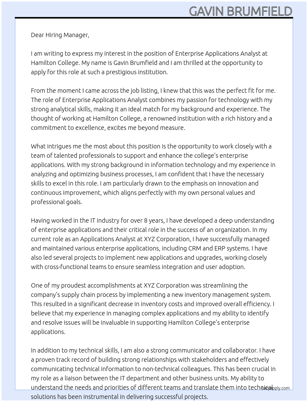 Enterprise Applications Analyst At Hamilton College Cover Letter