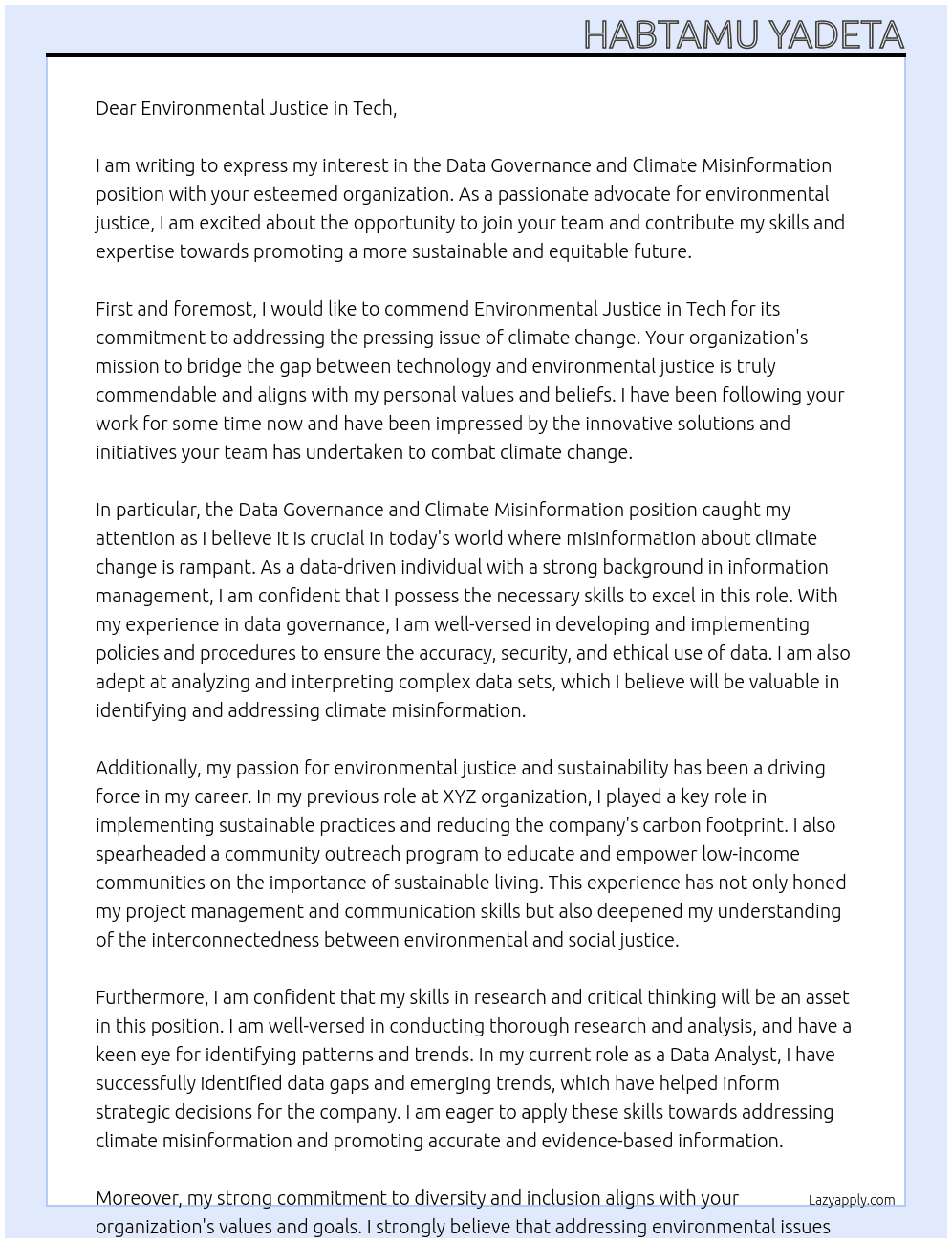 Data Governance and Climate Misinformation At Environmental Justice in Tech Cover Letter