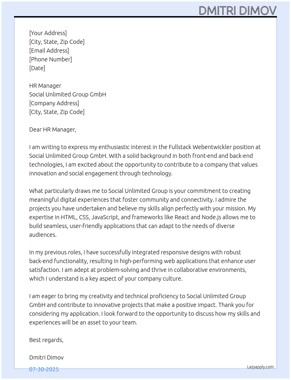 Fullstack Webentwickler At  Social Unlimited Group GmbH Cover Letter