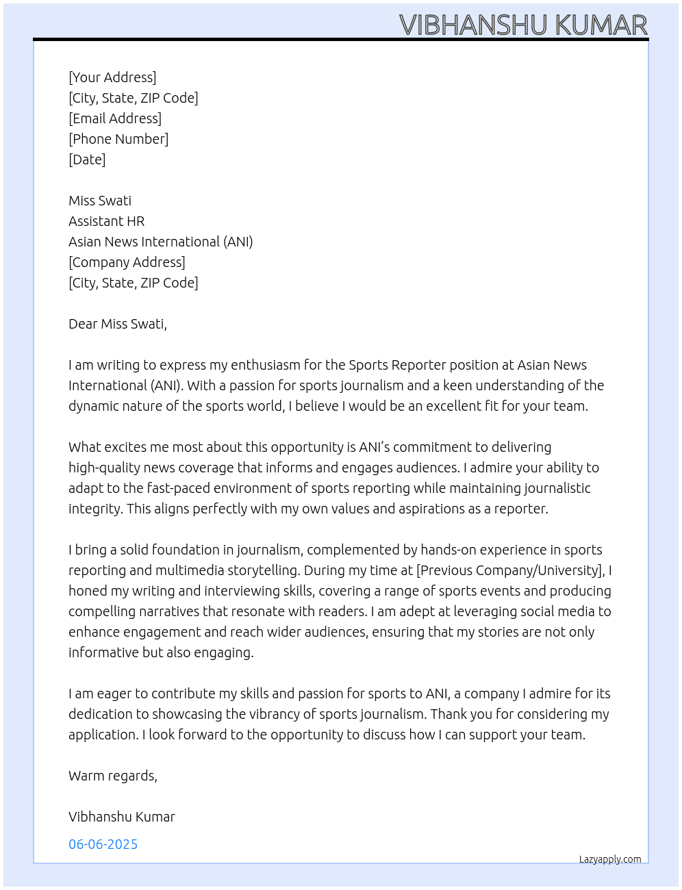 Cover letter for sports reporter - LazyApply