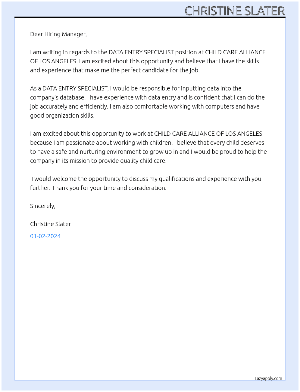DATA ENTRY SPECIALIST At CHILD CARE ALLIANCE OF LOS ANGELES Cover Letter