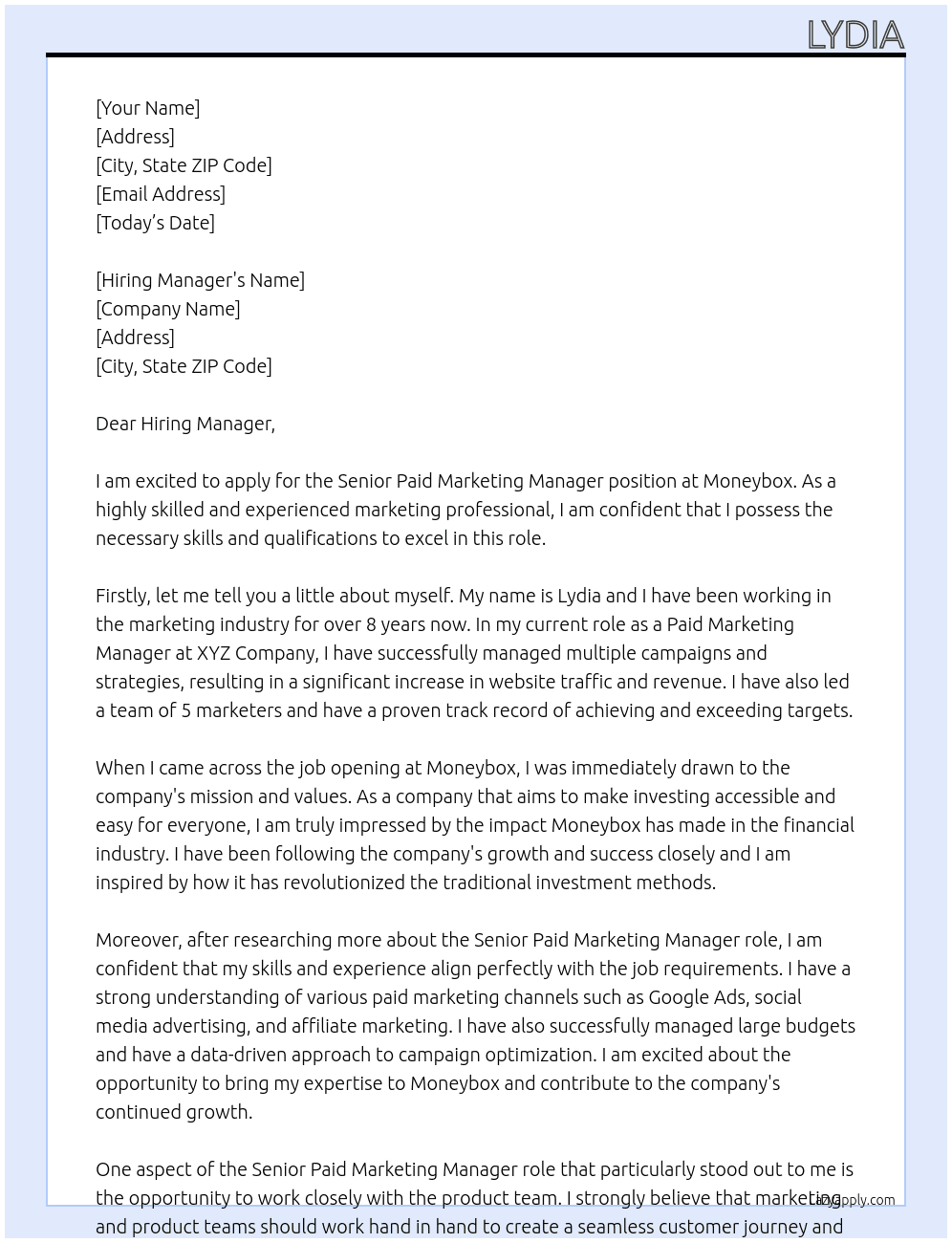 Senior Paid Marketing Manager At Moneybox Cover Letter