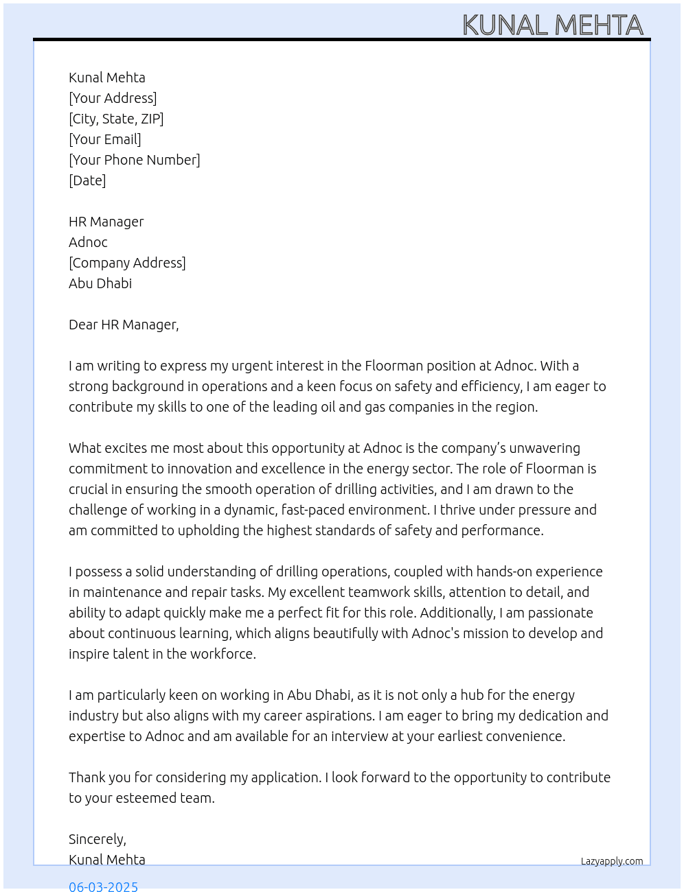 Cover letter for floorman - LazyApply