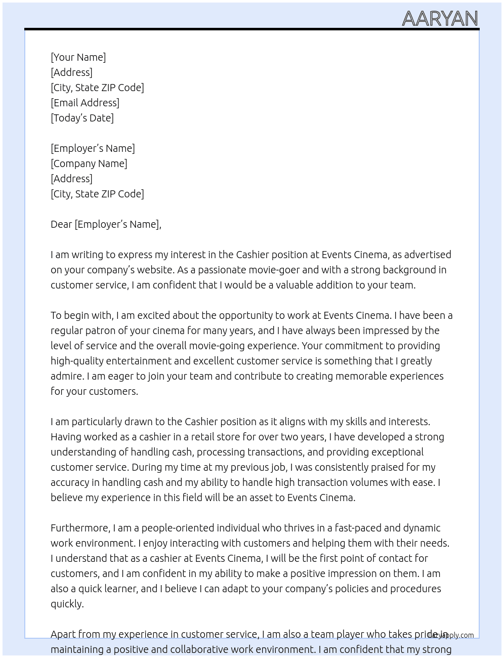 Cashier  At Events Cinema Cover Letter
