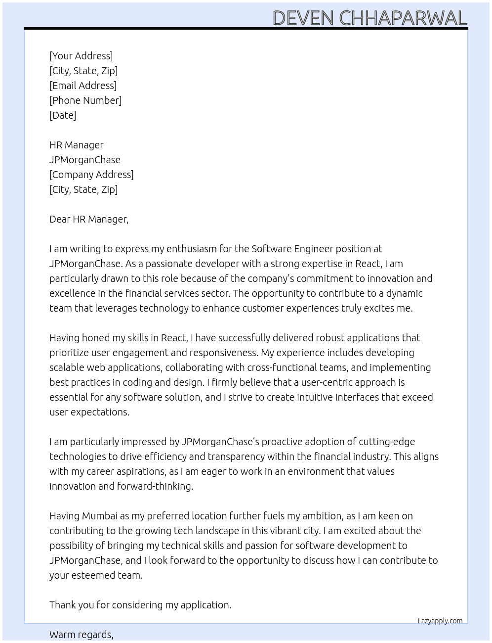 Software Engineer At JPMorganChase Cover Letter