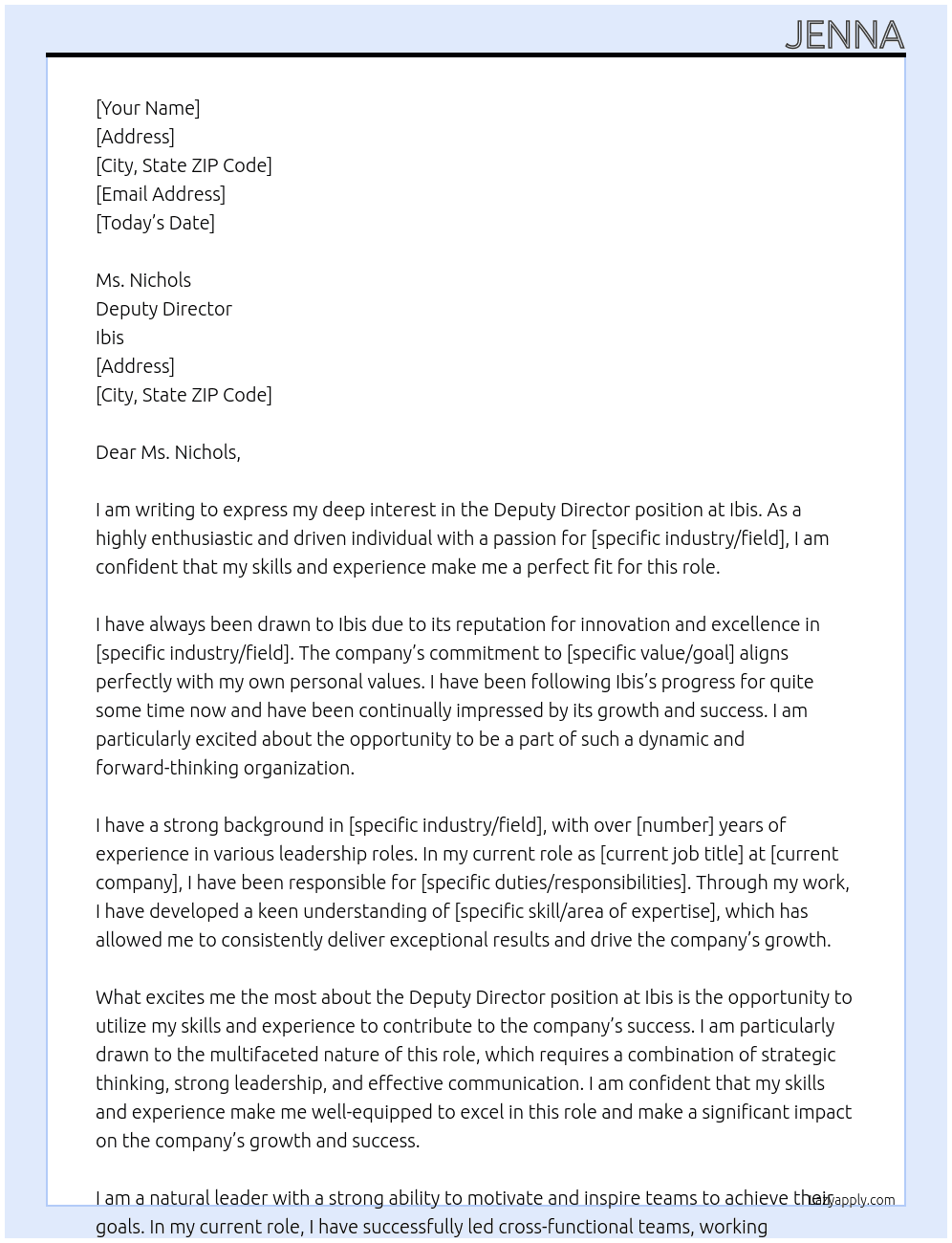 Deputy Director At Ibis Cover Letter