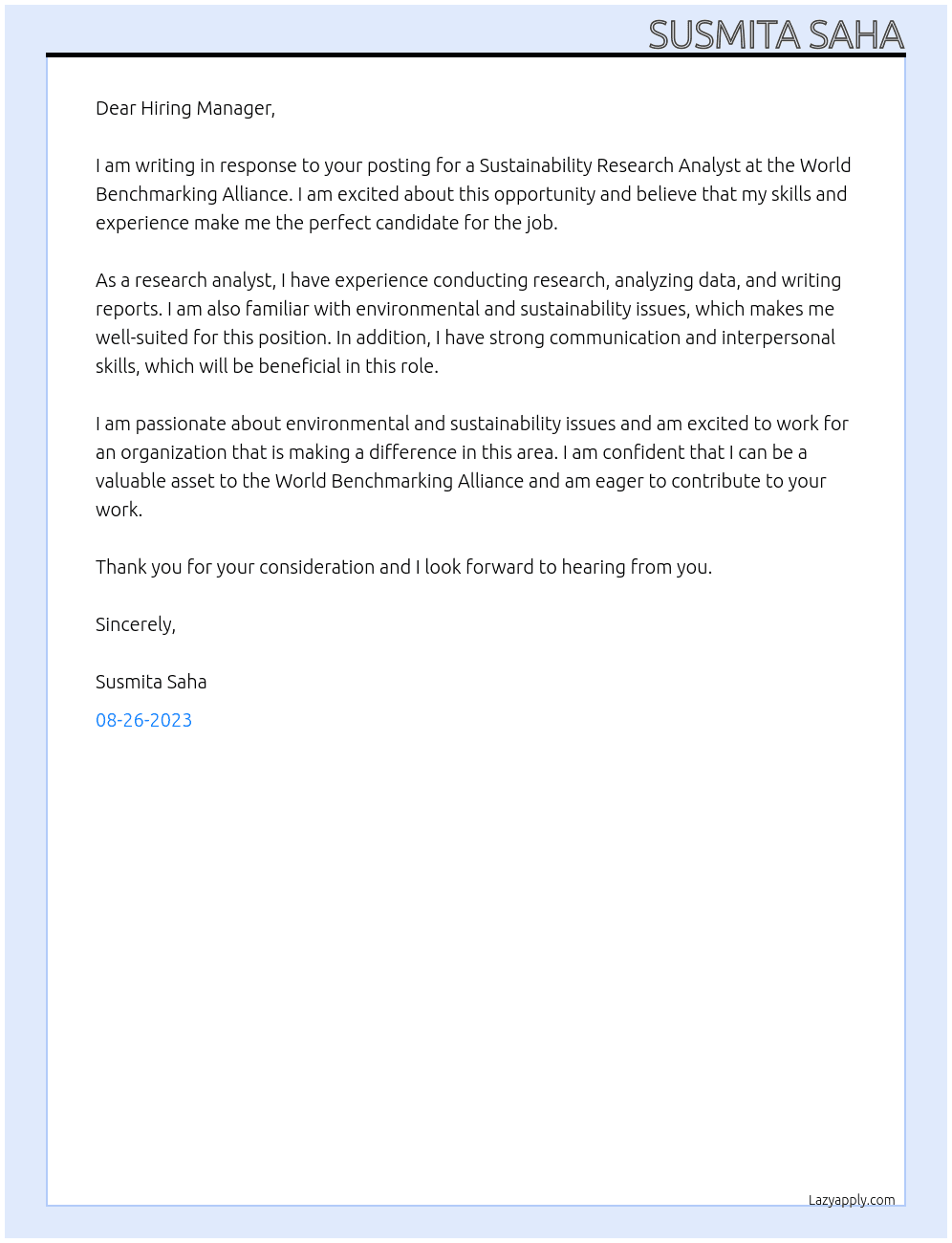 Sustainability Research Analyst At World Benchmarking Alliance Cover Letter