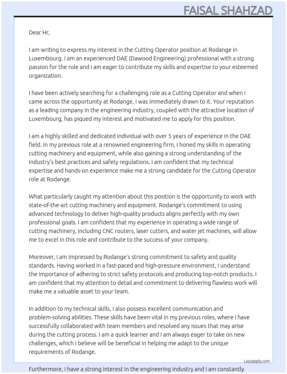Cutting operator At Rodange Cover Letter