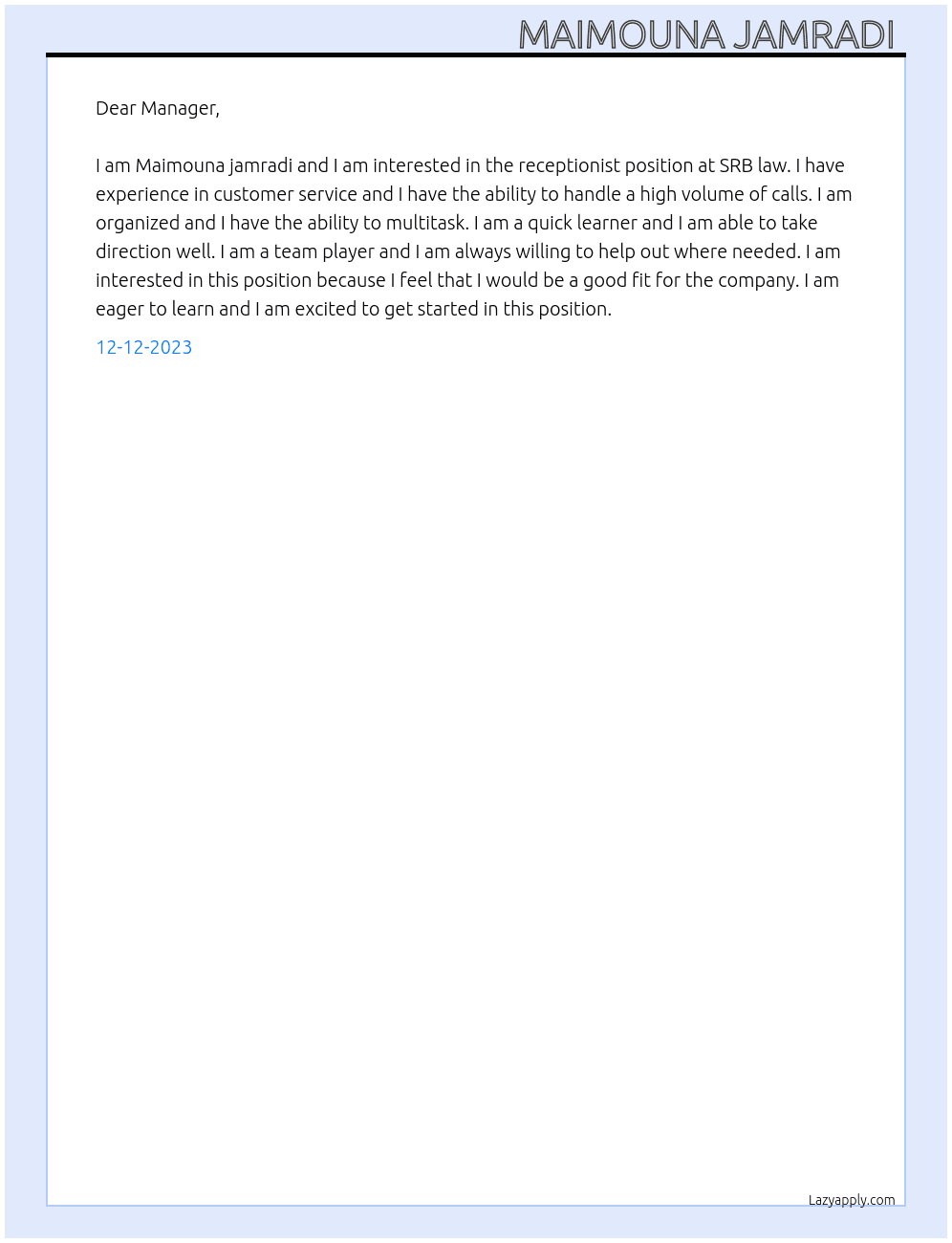 Receptionist  At SRB law  Cover Letter