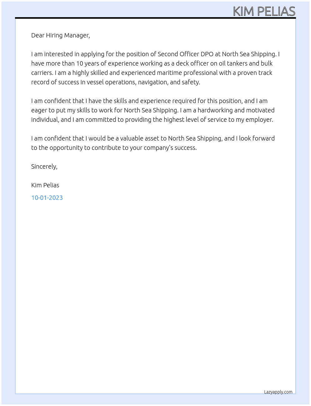Second Officer DPO At North Sea Shipping Cover Letter