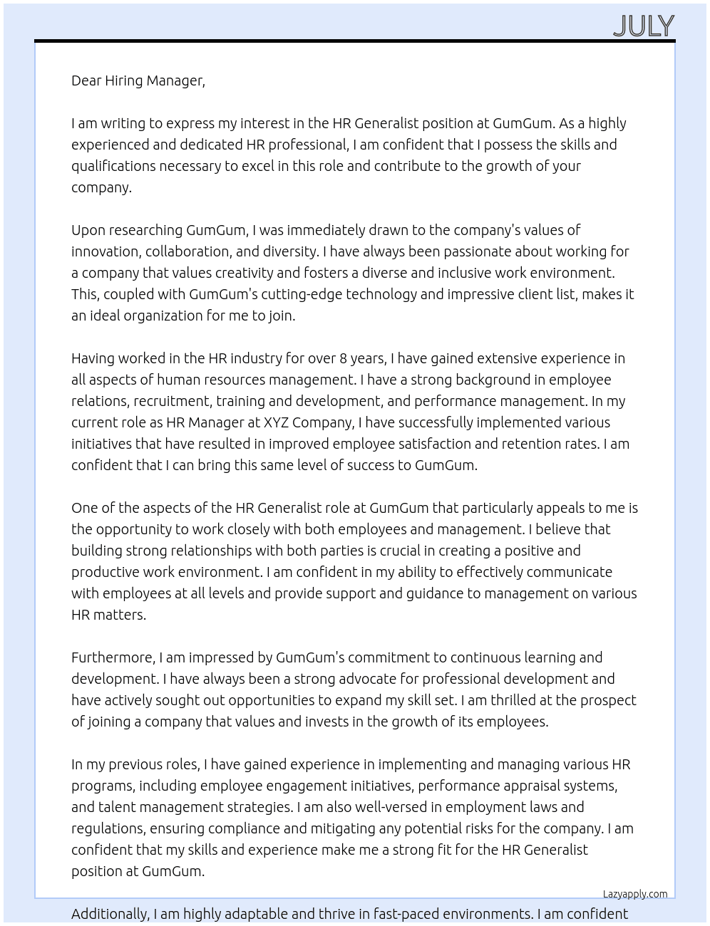 HR Generalist  At GumGum Cover Letter
