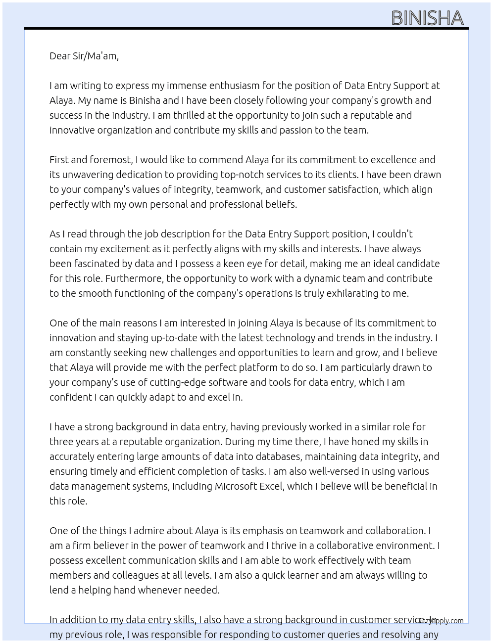 Data entry support  At Alaya Cover Letter