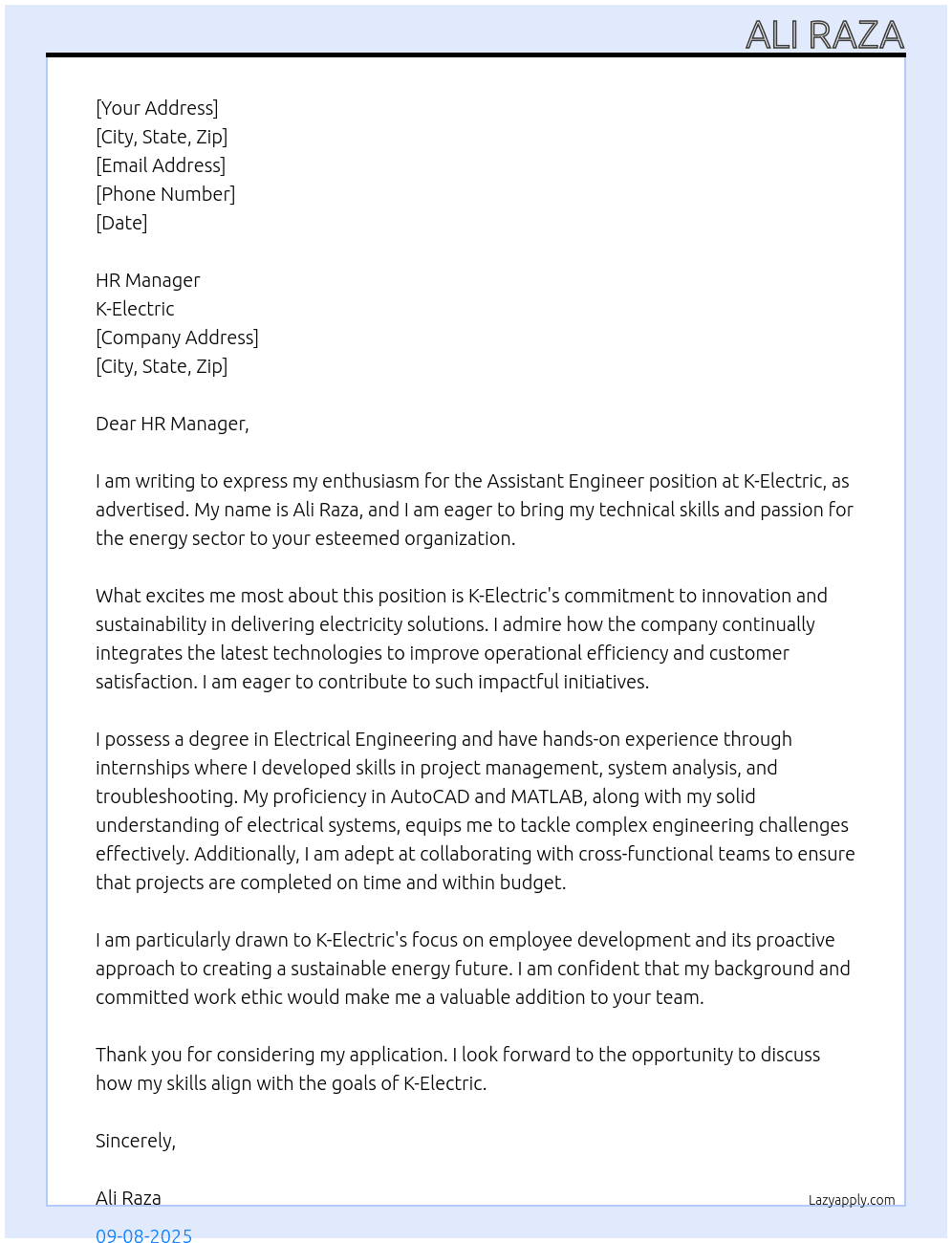 Assitant enigineer At K-electric Cover Letter