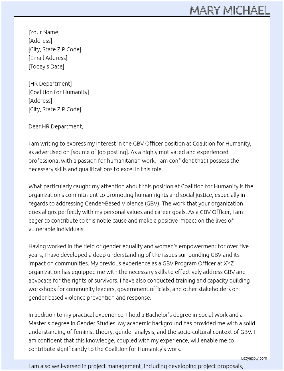 GBV officer At Coalition for Humanity Cover Letter