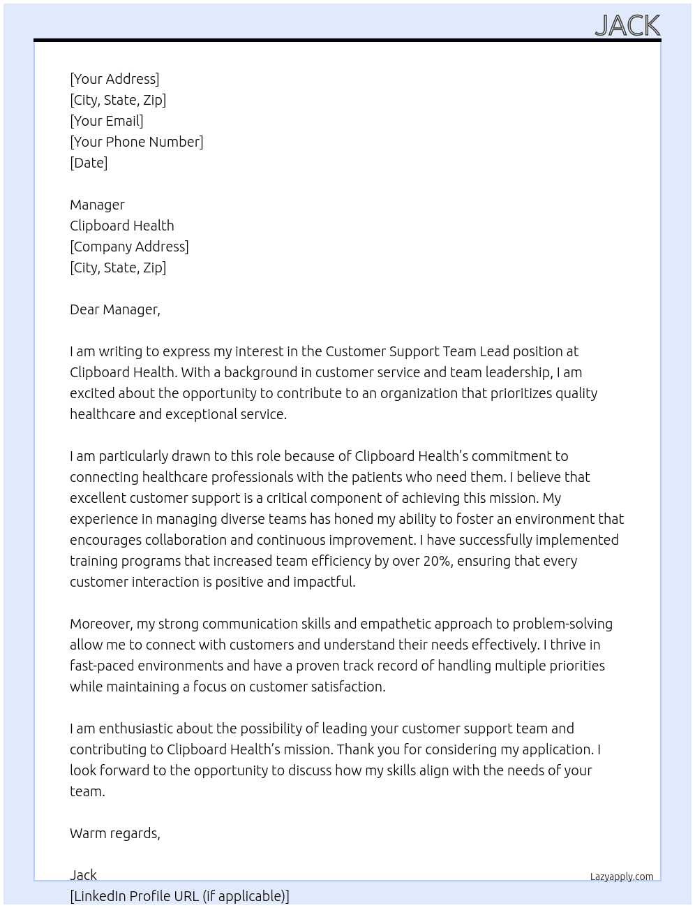 Cover letter for customer support team lead - LazyApply