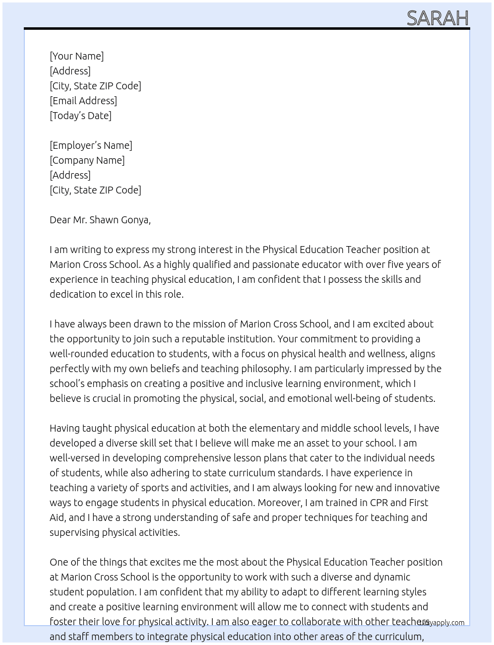 Physical Education Teacher At Marion Cross School Cover Letter