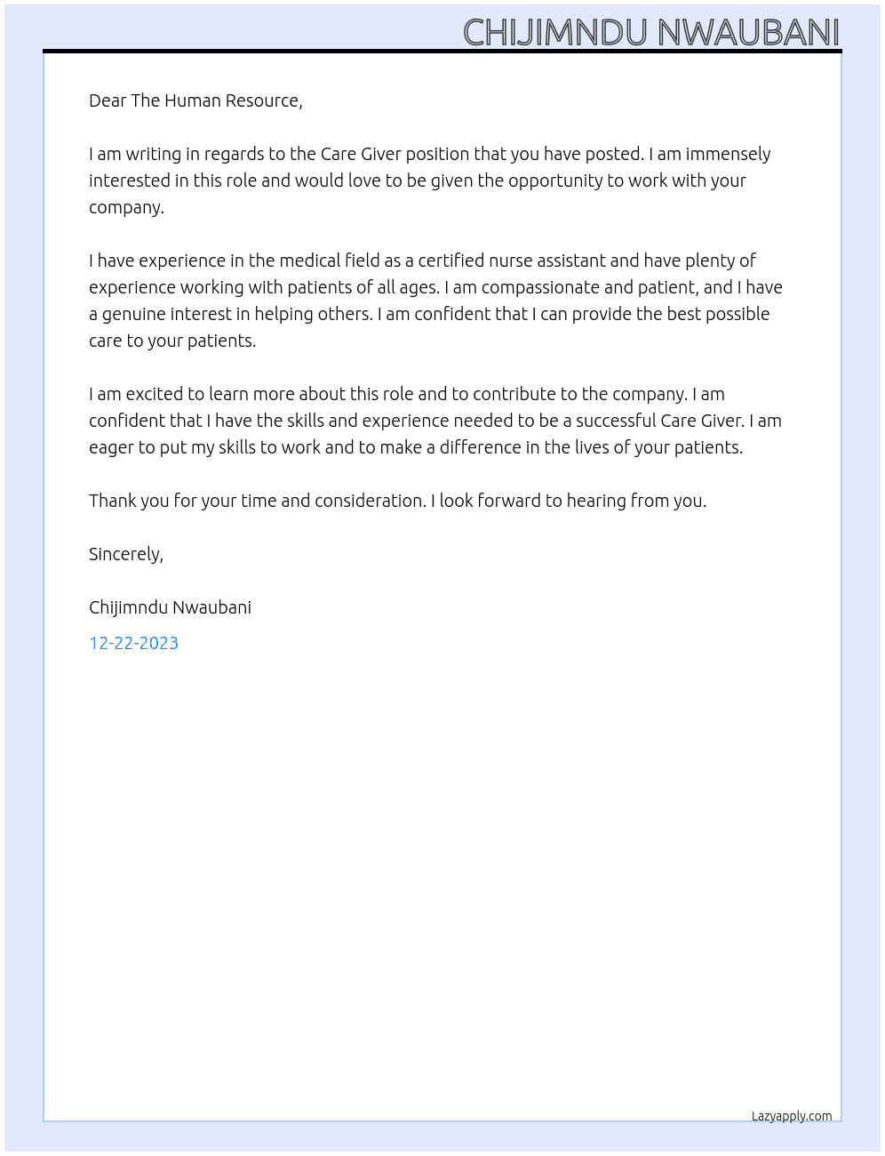 Care Giver At Freelance Cover Letter