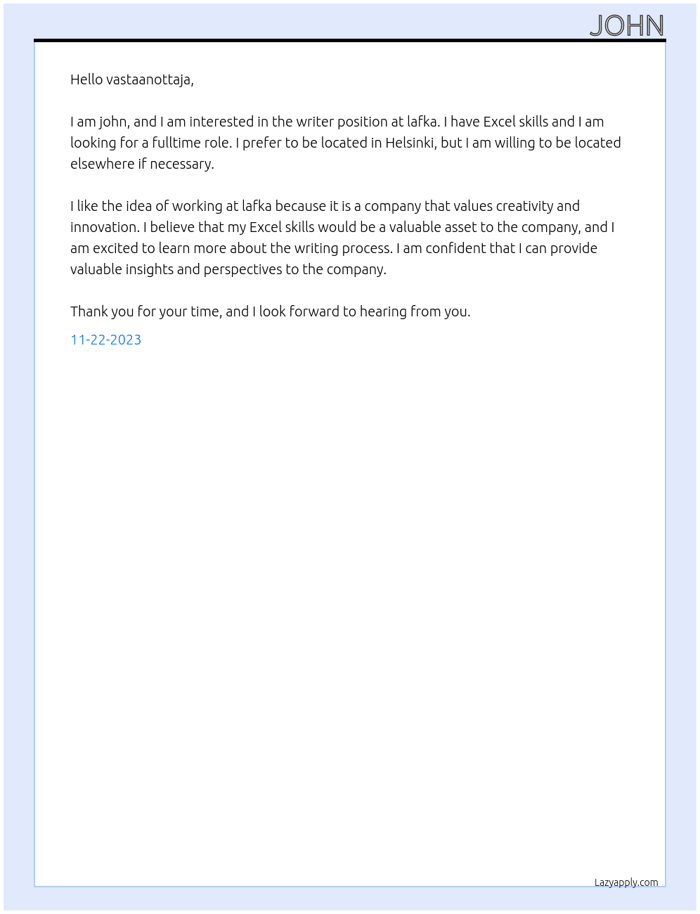 writer At lafka Cover Letter