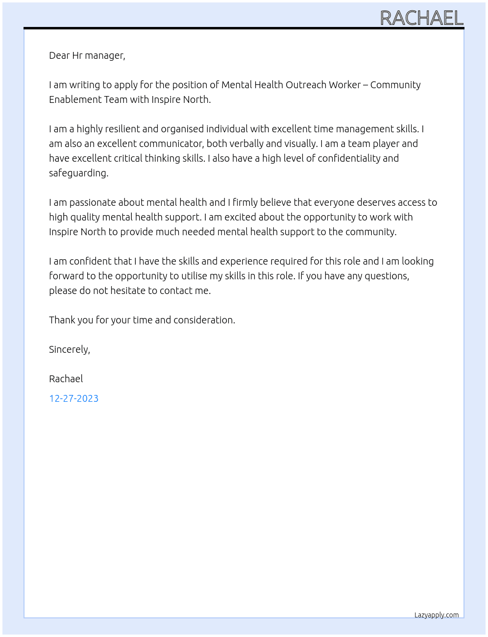 Mental Health Outreach Worker – Community Enablement Team At Inspire North Cover Letter