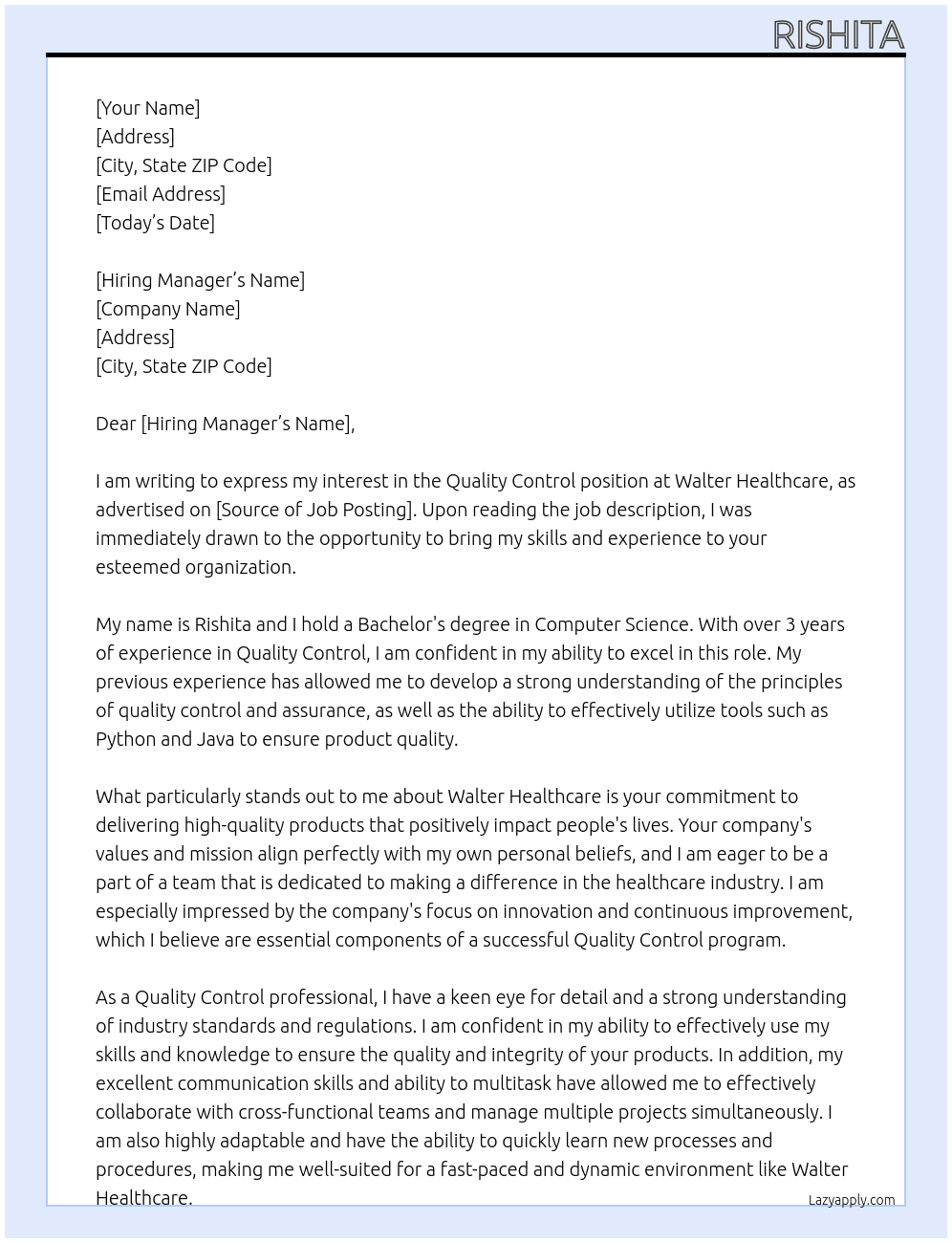 Quality control  At Walter healthcare  Cover Letter