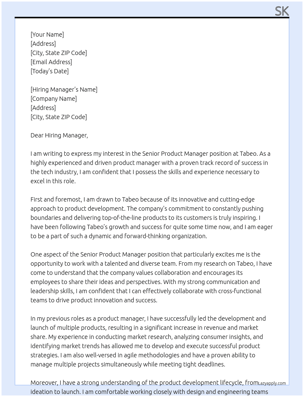Senior Product Manager At Tabeo Cover Letter