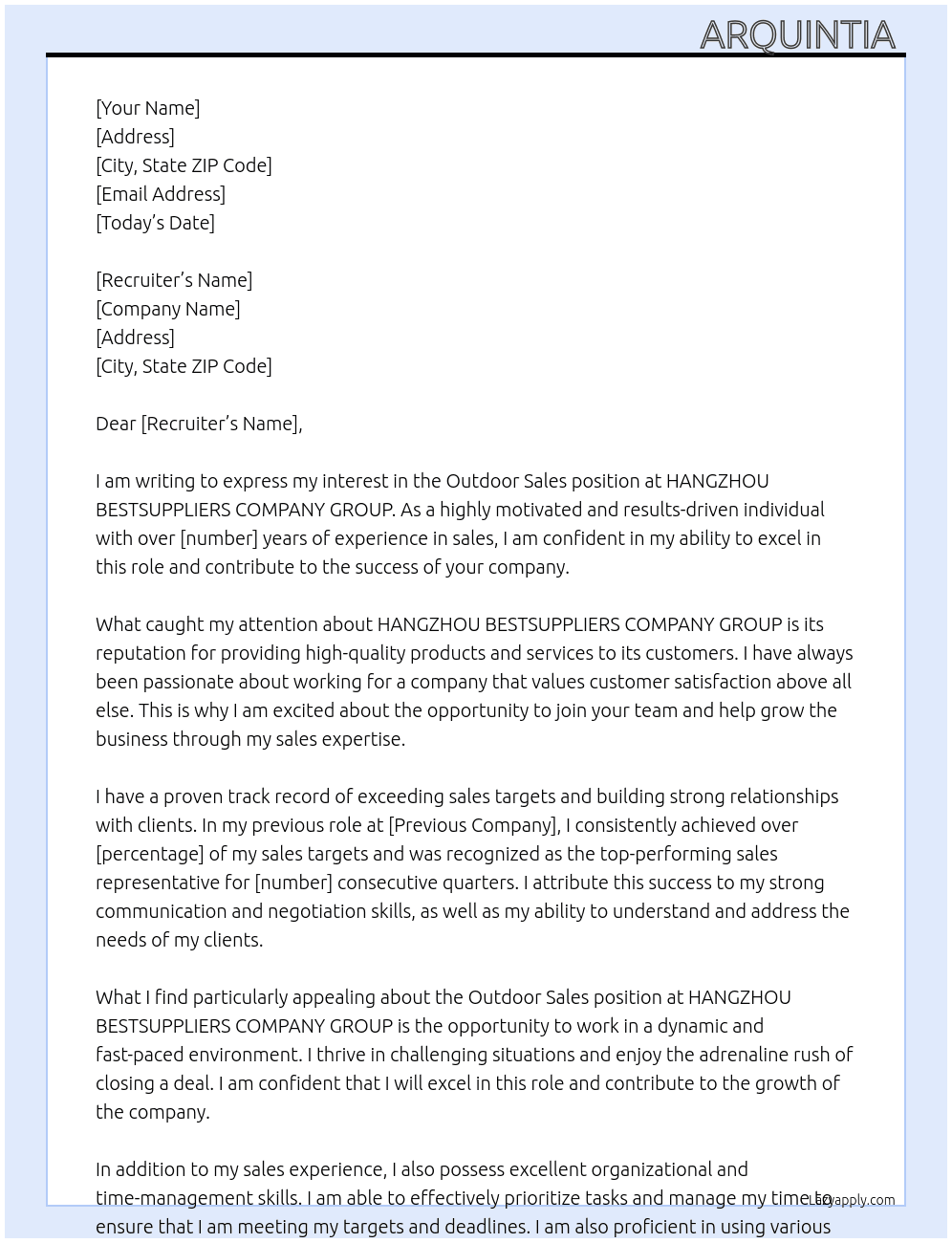 Outdoor sales  At HANGZHOU BESTSUPPLIERS COMPANY GROUP Cover Letter