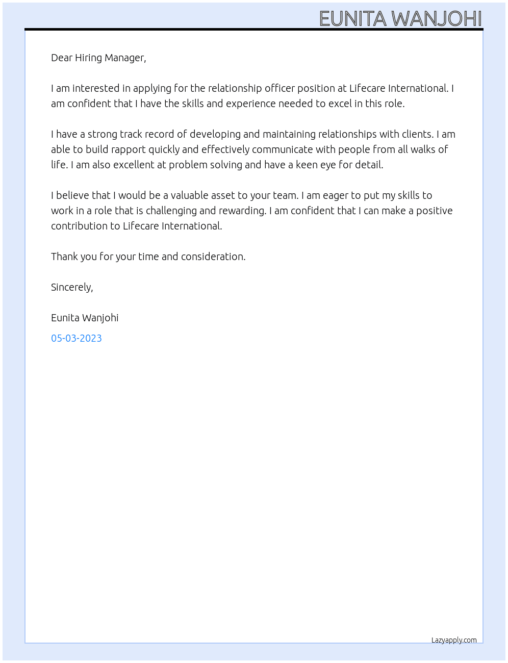 Relationship officer At Lifecare international Cover Letter