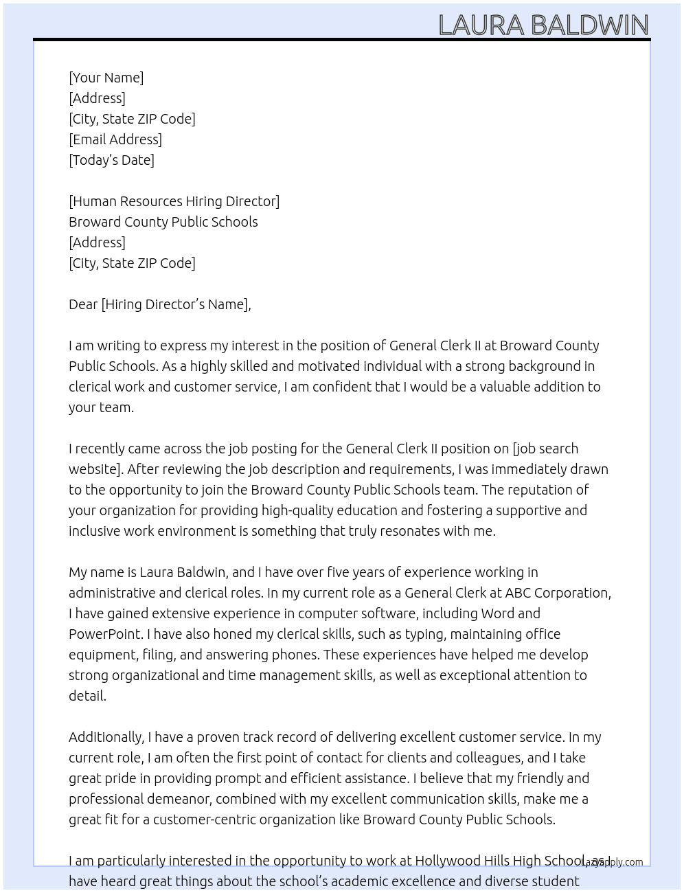 General Clerk II At Broward County Public Schools Cover Letter