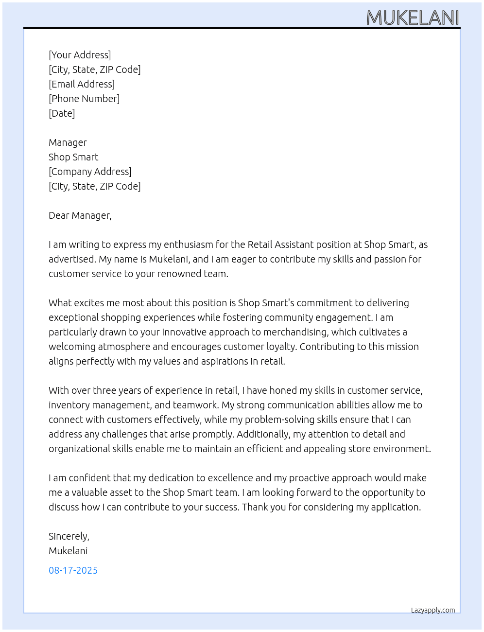 Retail Assistant At Shop Smart Cover Letter