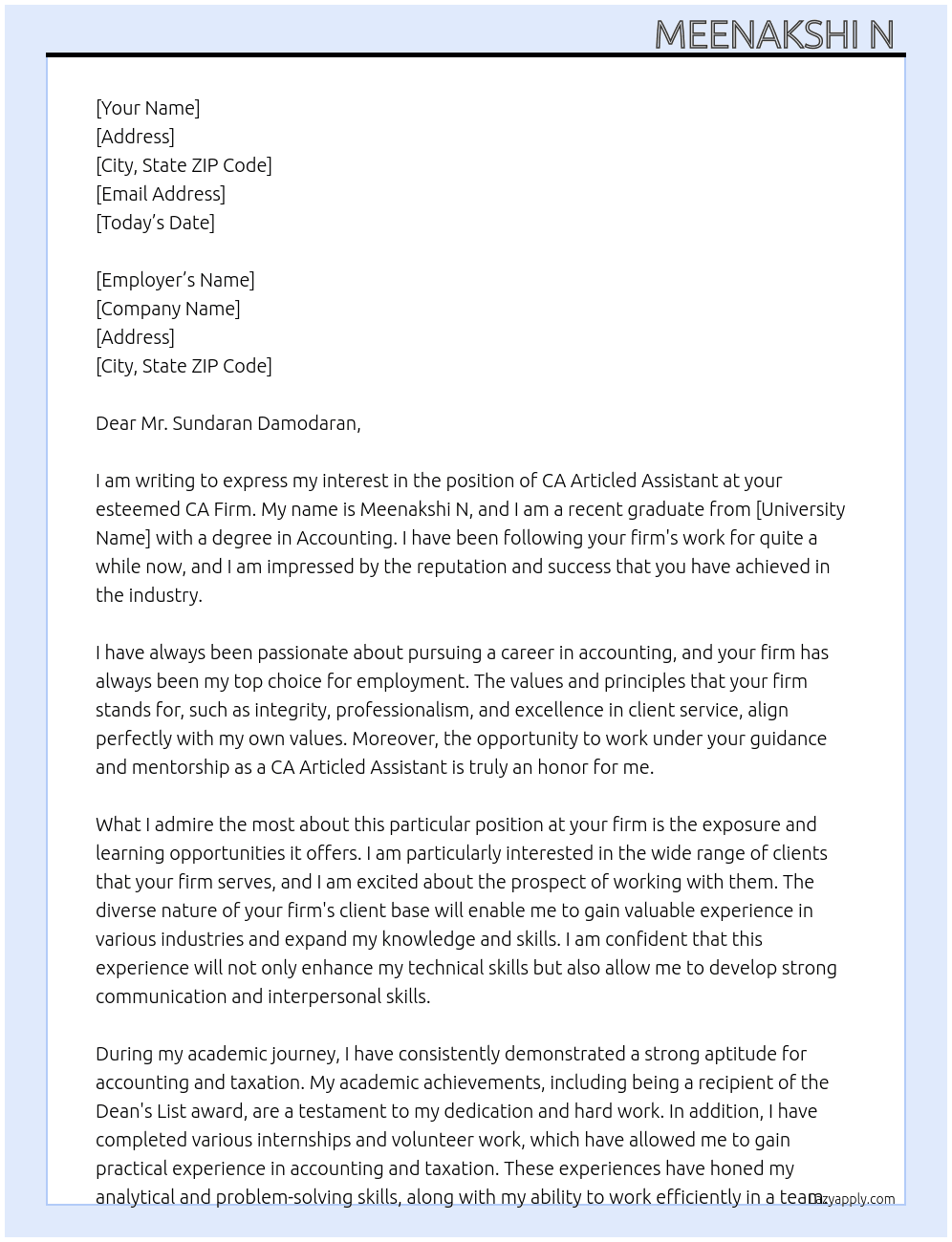 CA Articled Assistant At CA Firm Cover Letter