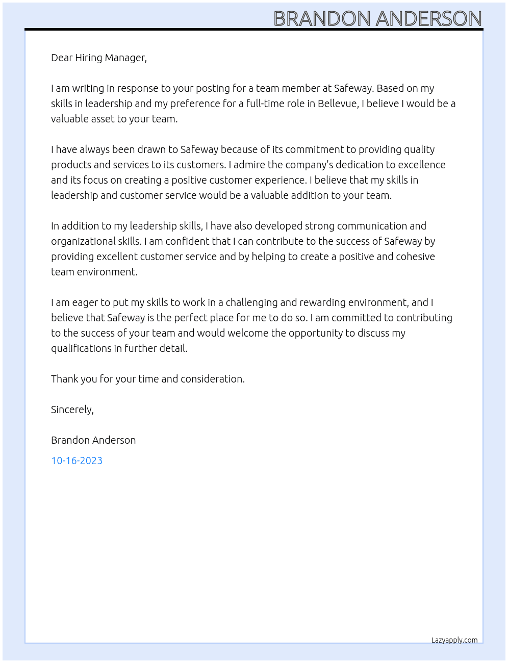 Team member At Safeway Cover Letter