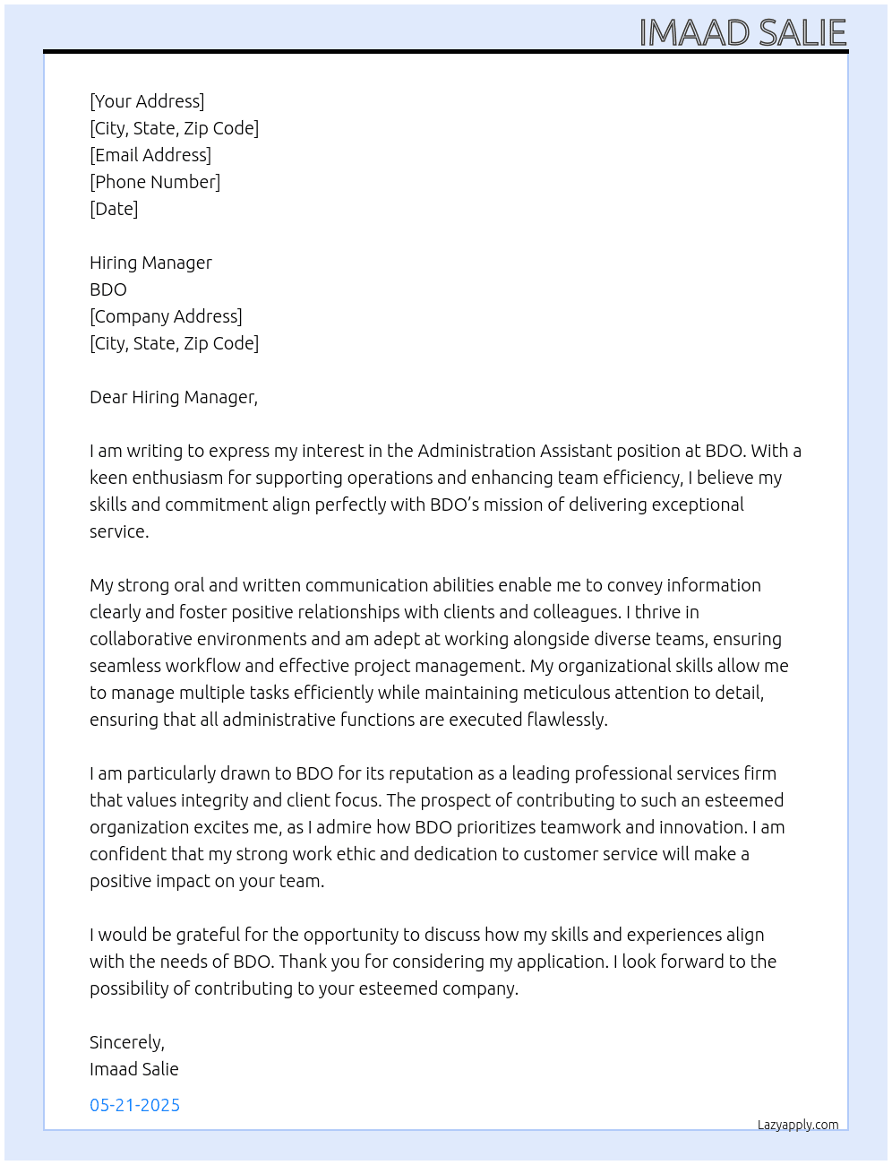 Administration Assistant At BDO Cover Letter