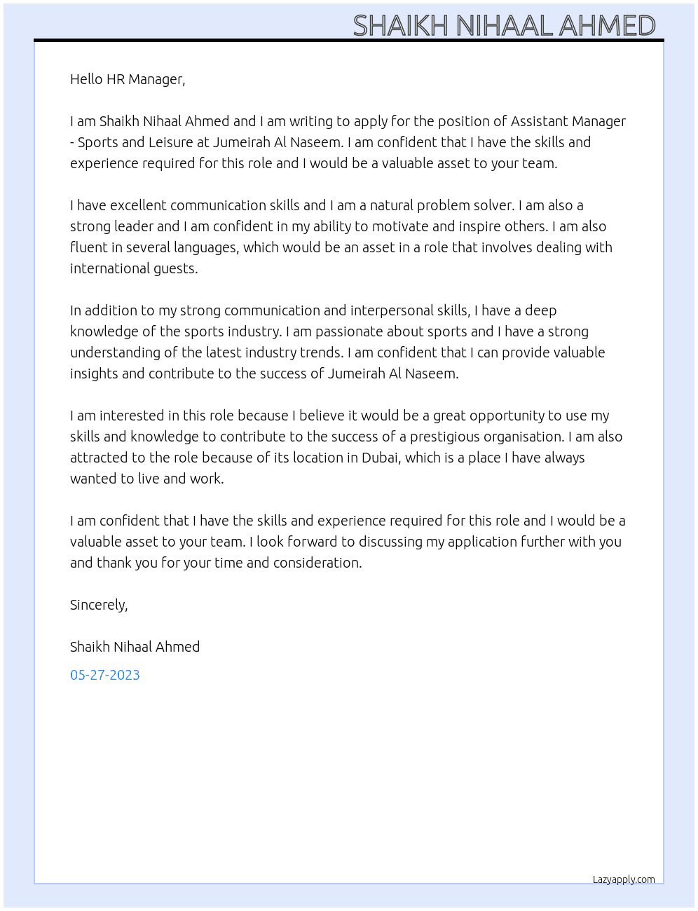 Assistant Manager -Sports and Leisure  At Jumeirah Al Naseem  Cover Letter