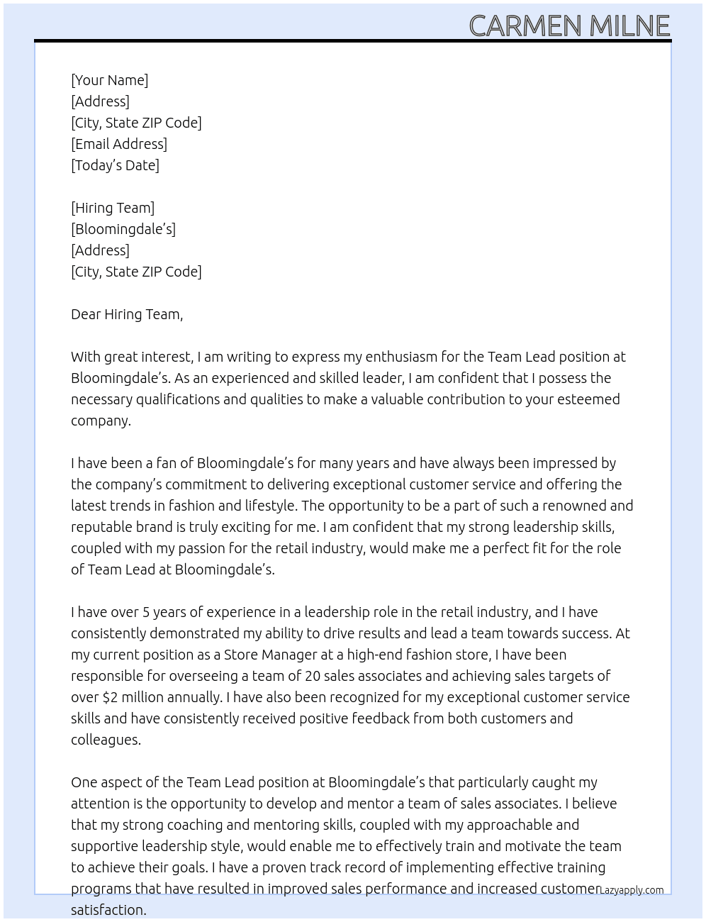 Team Lead At Bloomingdale’s  Cover Letter