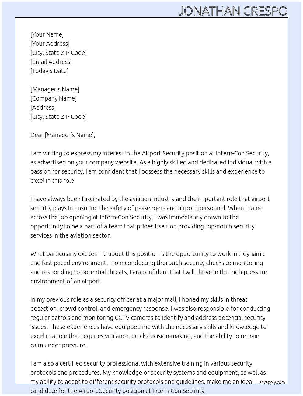 Airport Security At Intern-Con Security Cover Letter