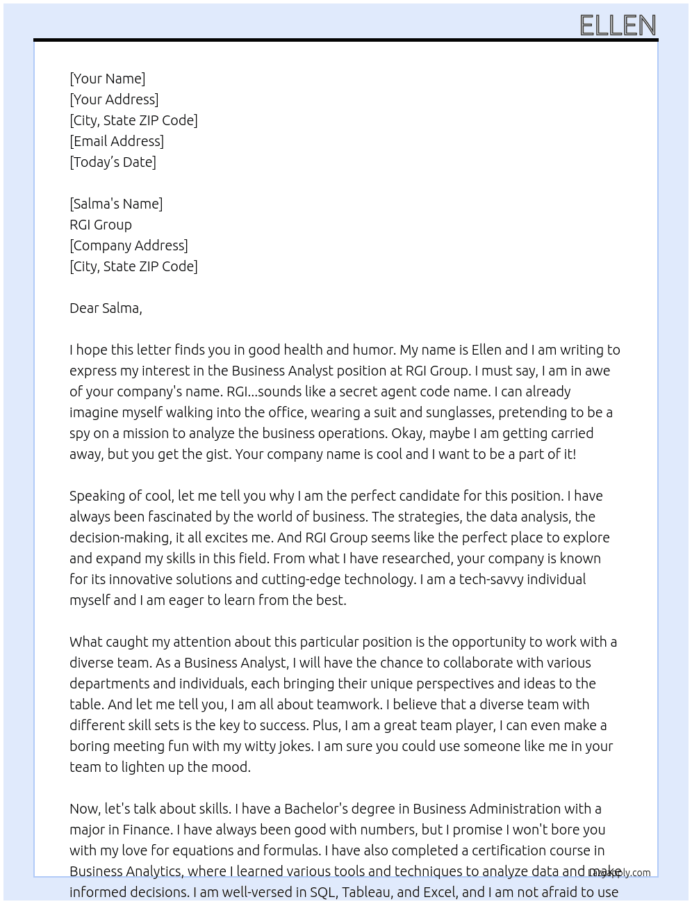 Business Analyst At RGI group Cover Letter