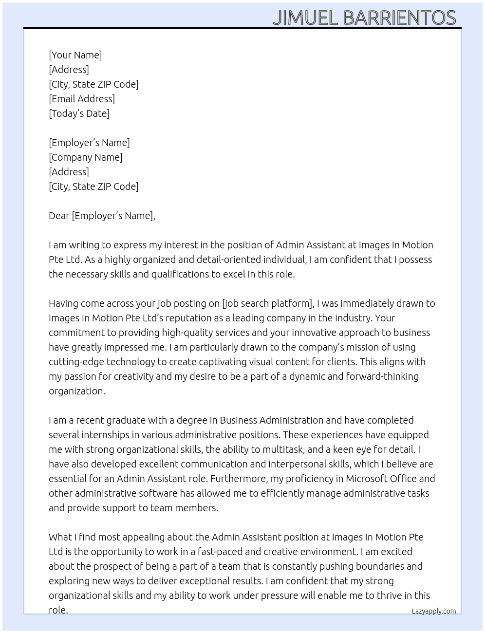 Admin Assistant  At Images In Motion Pte Ltd Cover Letter