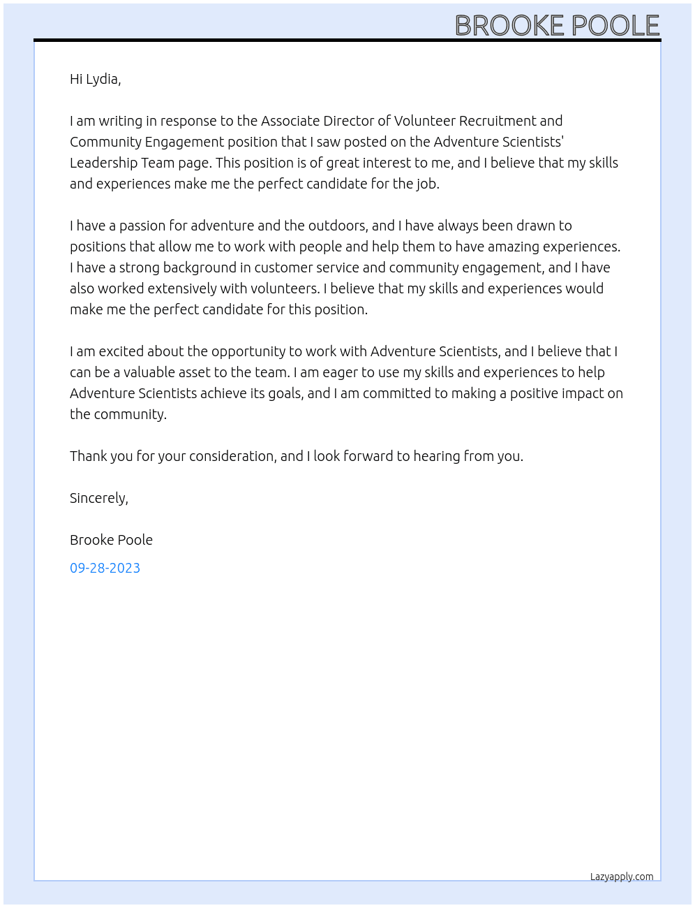 Associate Director of Volunteer Recruitment and Community Engagement At Adventure Scientists Cover Letter