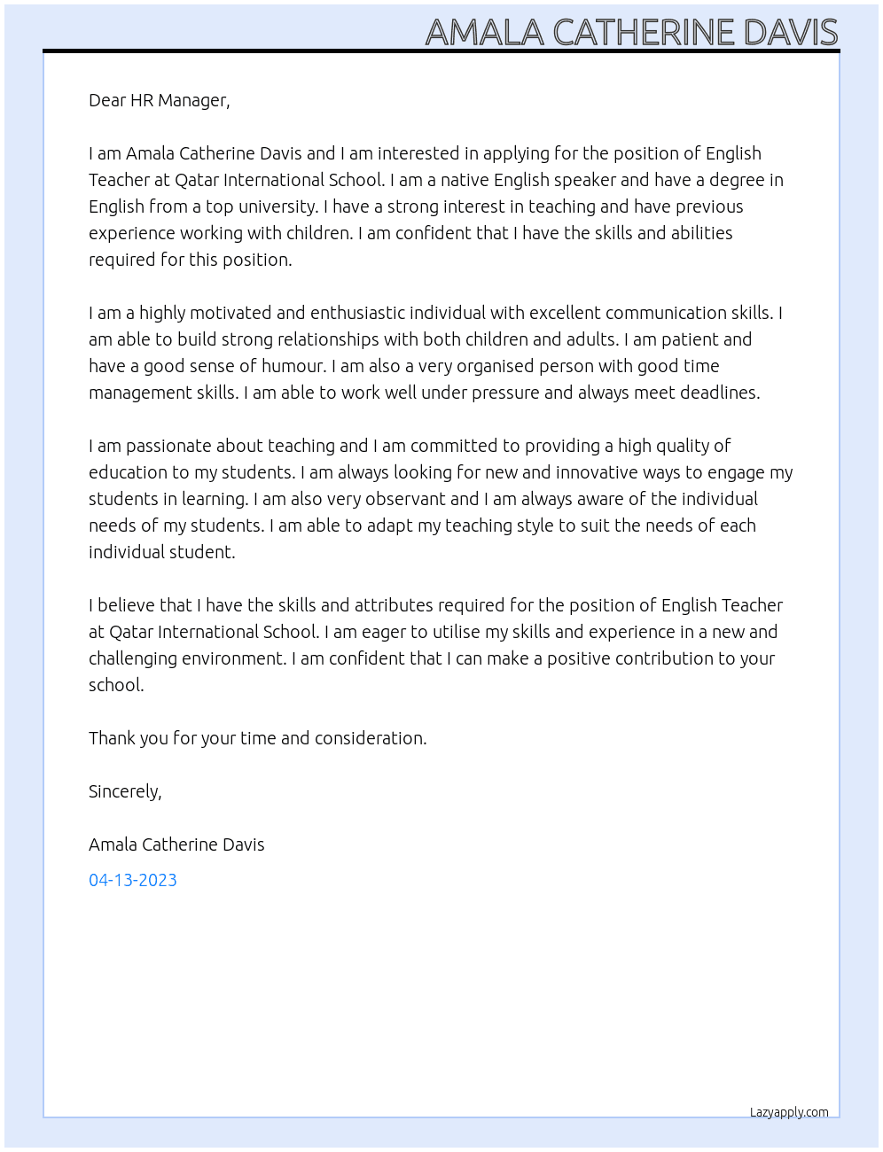 English Teacher At Qatar International School Cover Letter