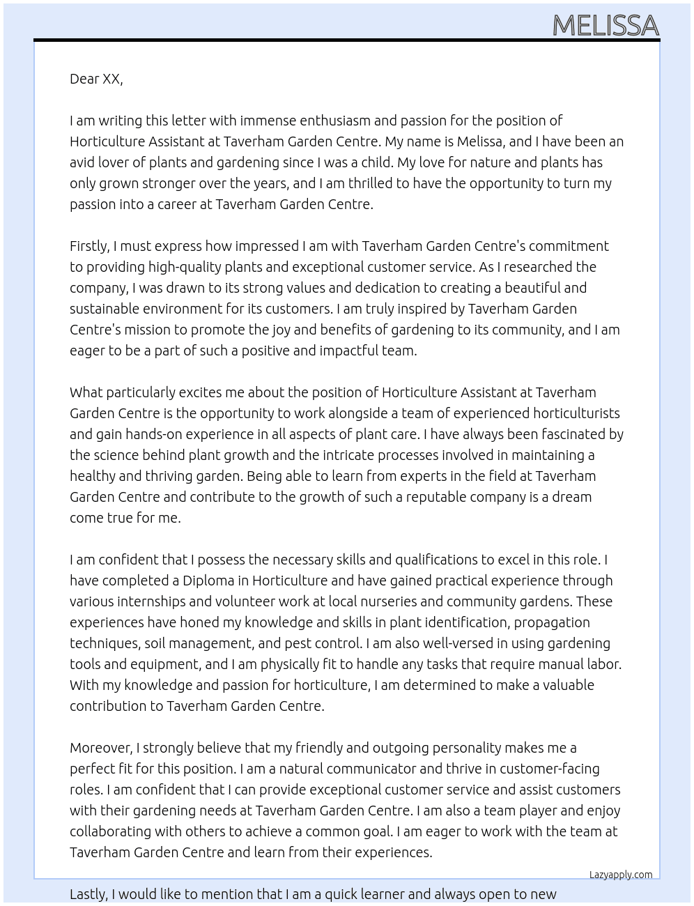 horticulture assistant At Taverham Garden Centre Cover Letter