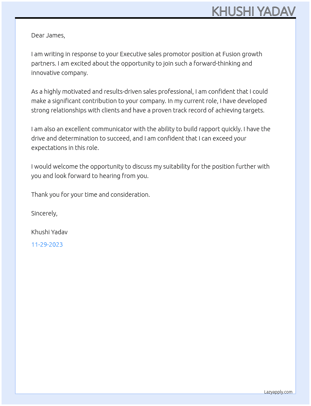Executive sales promotor  At Fusion growth partners Cover Letter