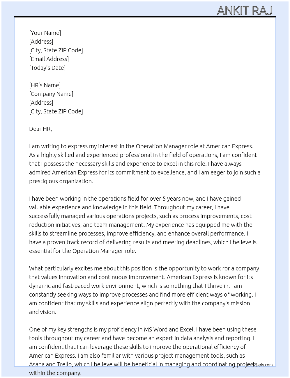 Operation  At AMERICAN EXPRESS  Cover Letter