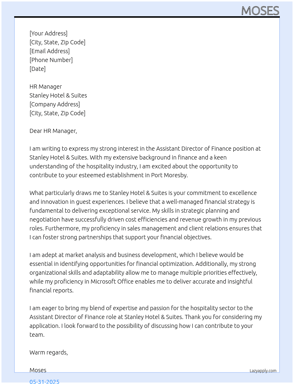 Assistant Director of Finance At Stanley Hotel & Suites Cover Letter