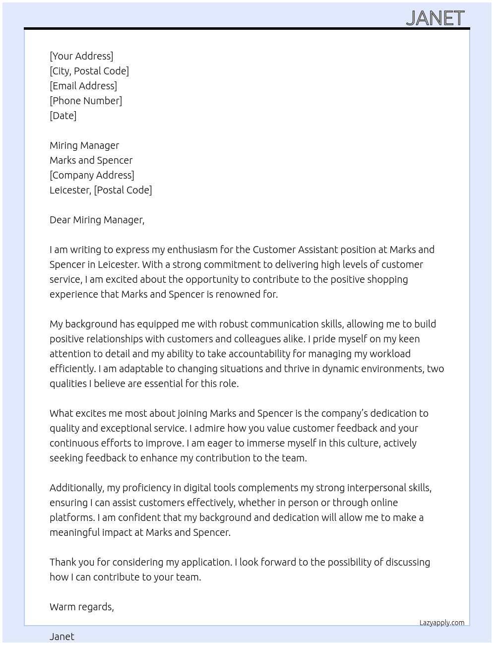 Customer assistant  At Marks and Spencer  Cover Letter