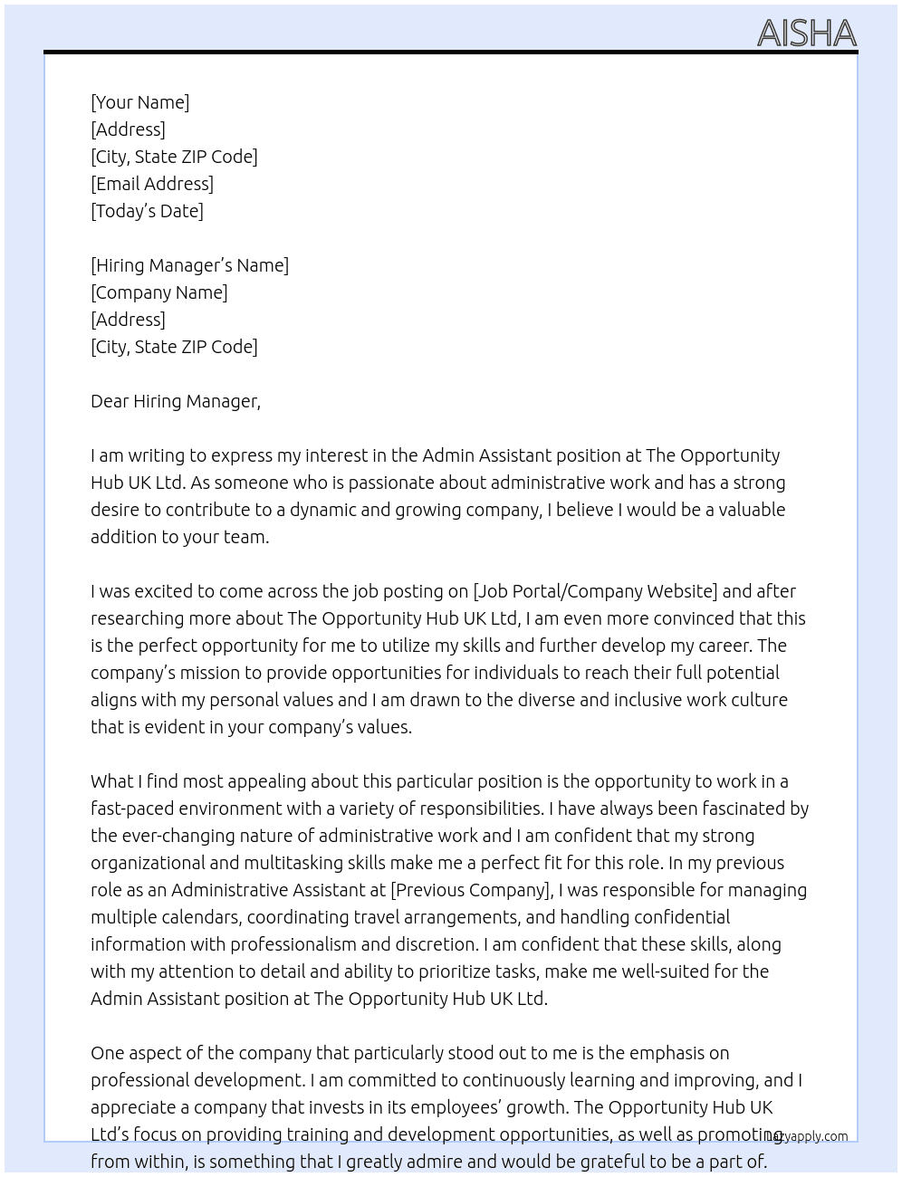 Admin Assistant At The Opportunity Hub UK Ltd Cover Letter